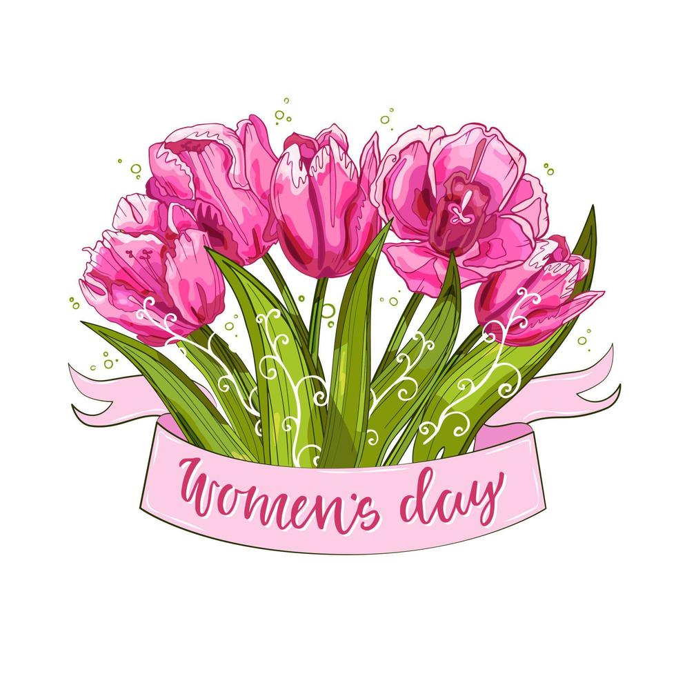 Bouquet of tulips for the International Women's Day on March 8. Postcard, banner. Hand-drawn vector illustration.