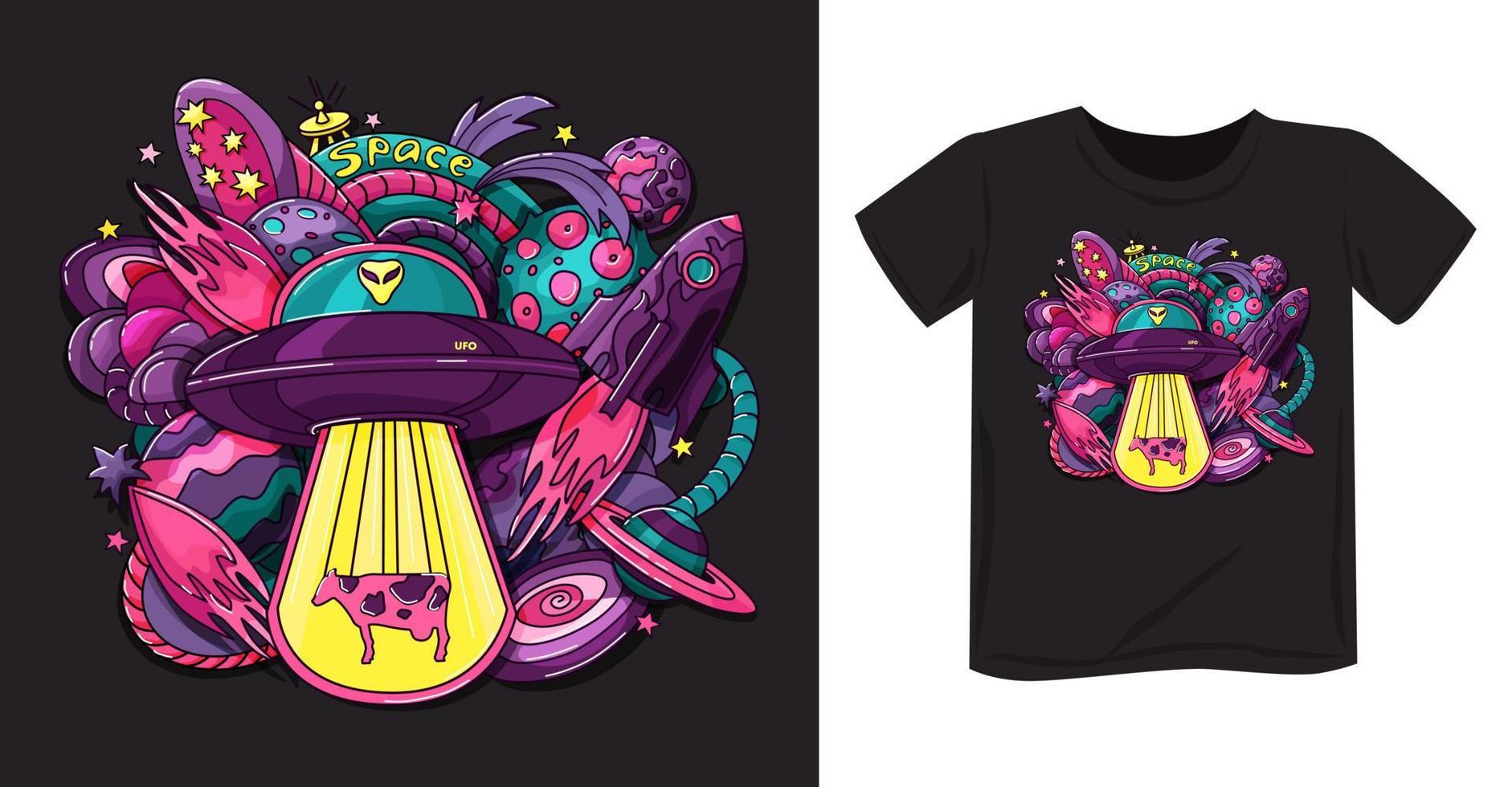 Space print with alien saucer, rocket, planets, stars on clothes, poster, background. Aliens. Vector. vector