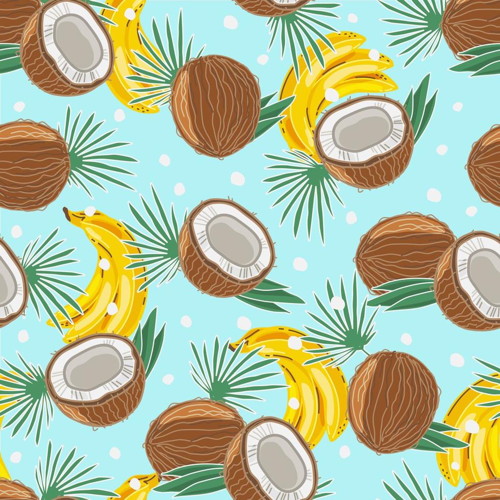 Coconuts and bananas colorful seamless pattern. Vector background. The objects are isolated.