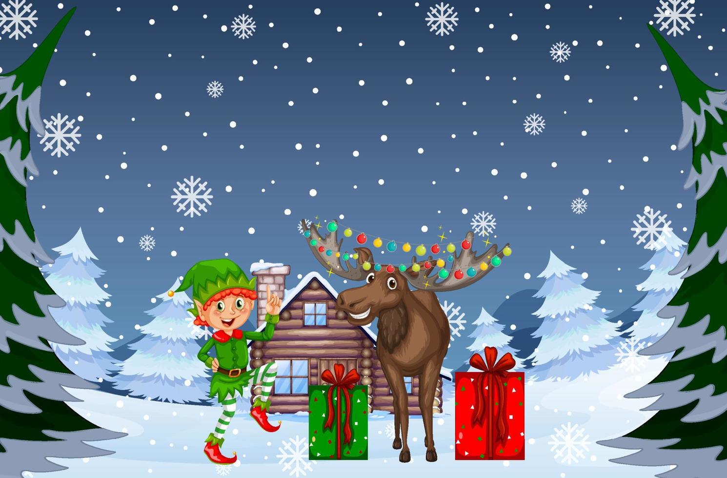 Snowy night scene with Christmas cartoon characters vector