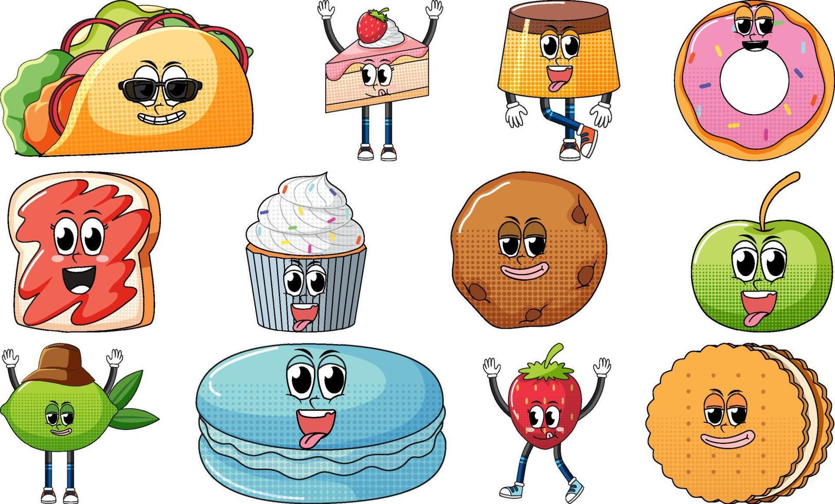 Set of facial expression with vintage style food cartoon on white background vector