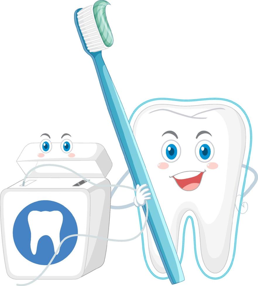 Happy big tooth holding toothpaste with dental floss on white background vector