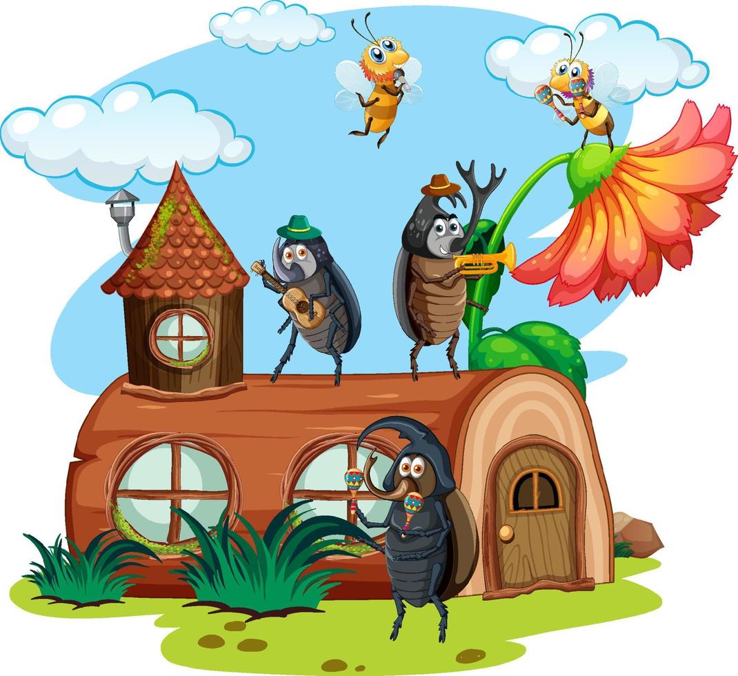 Fantasy stump house with beetle and bee vector