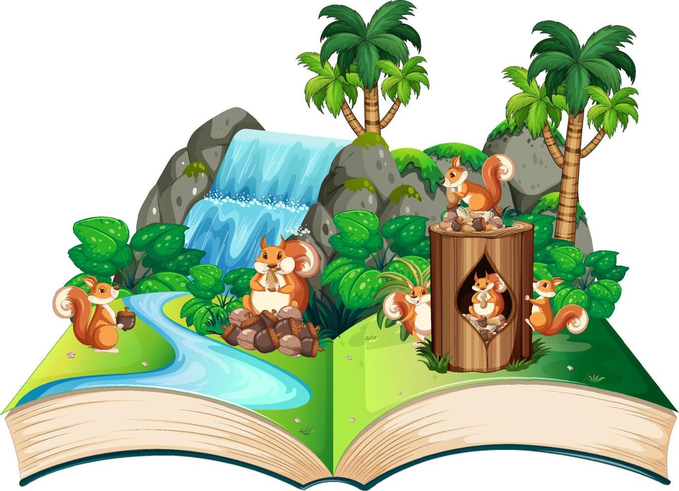 Nature scene with squirrels by waterfall vector