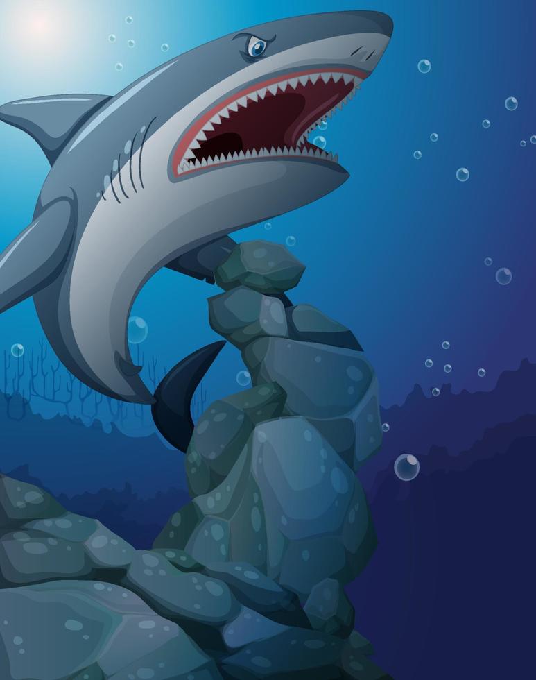 Aggressive shark underwater deep sea background vector