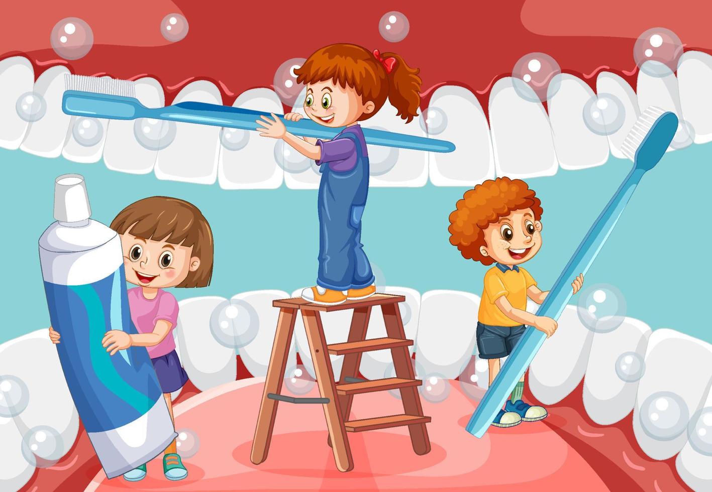 Happy kids brushing whiten teeth with a toothbrush inside human mouth vector