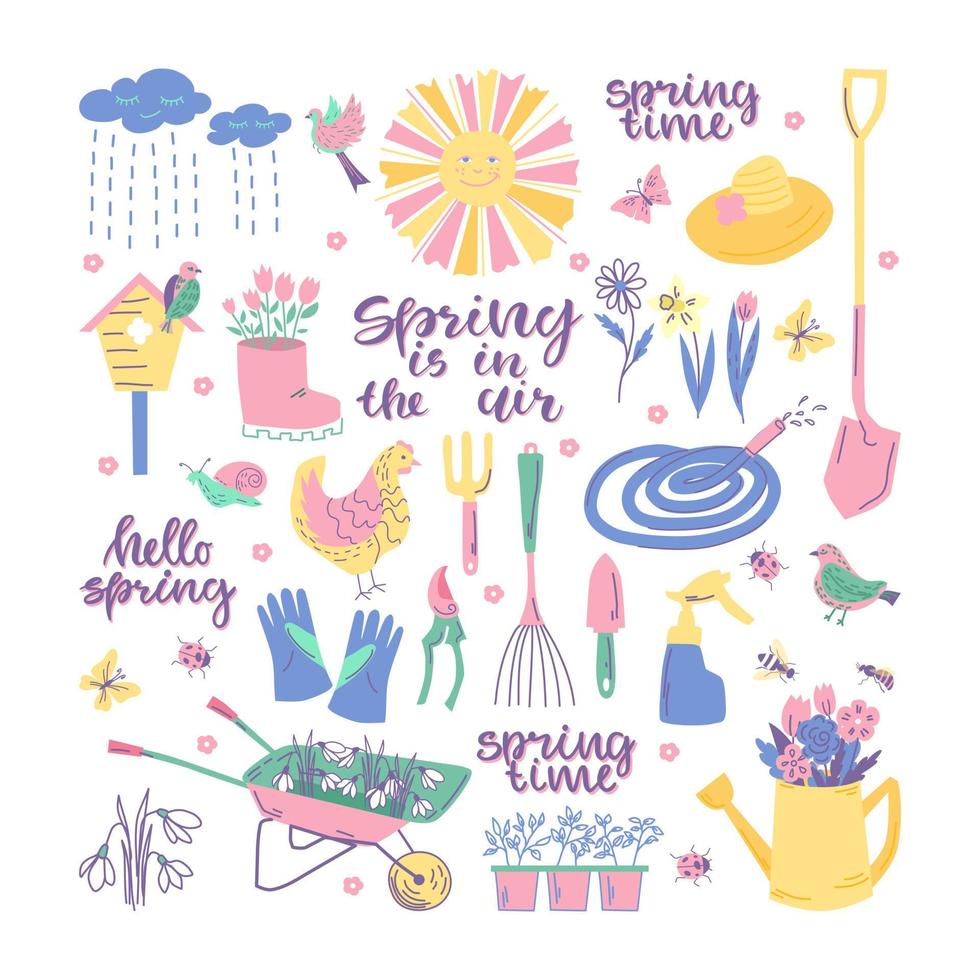 Spring garden set with tools, flowers, sun, birds and text. Vector illustration.