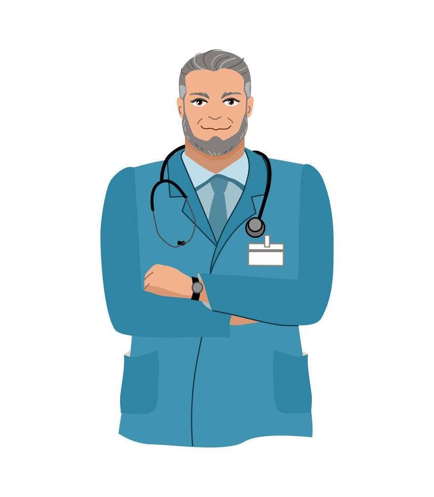 positive doctor with a stethoscope stands on a white background. Healthcare. Vector illustration.