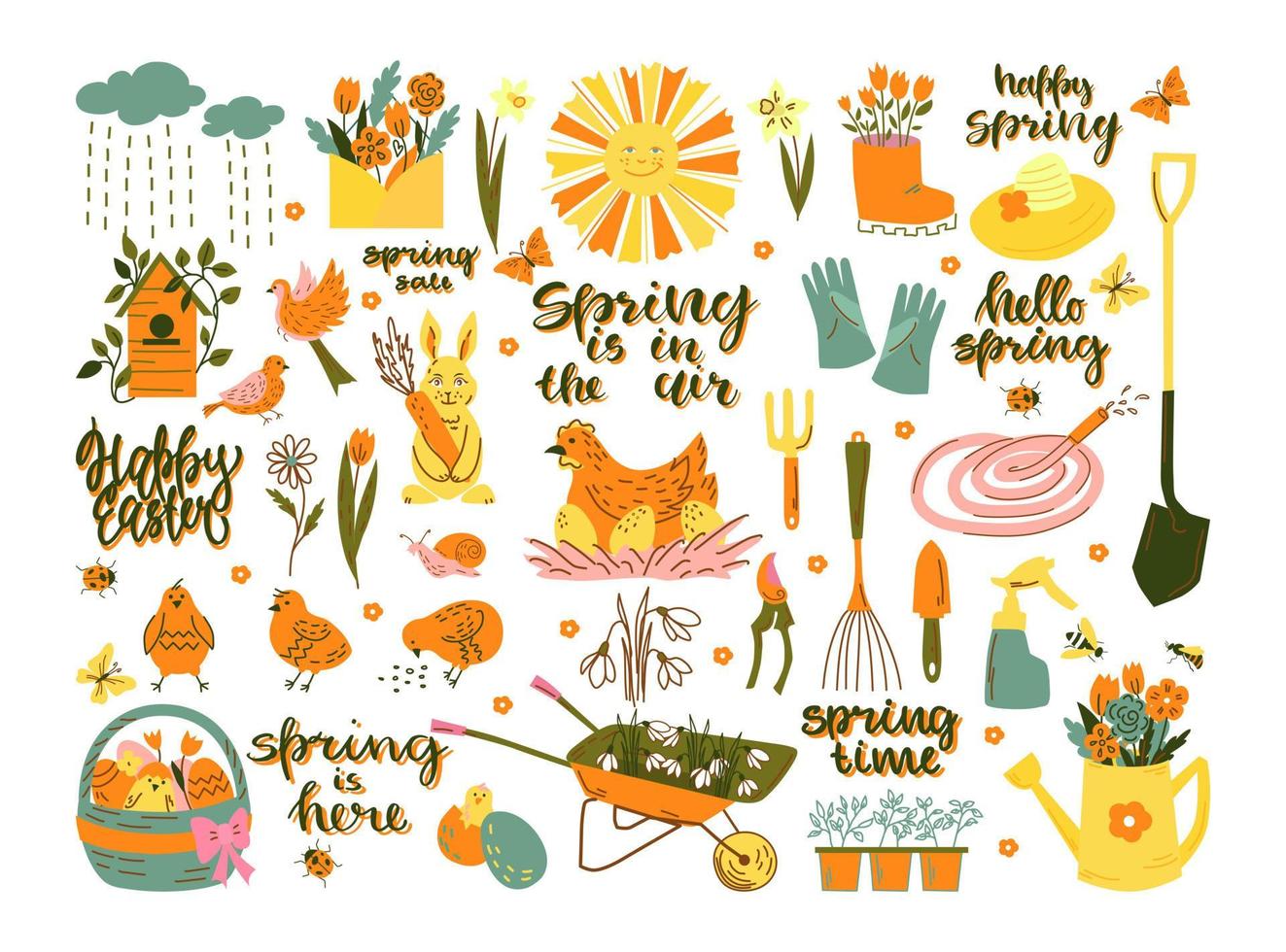 Spring set. Happy Easter with rabbit, eggs, chicken, inscriptions. Hello spring with garden items. Vector set.