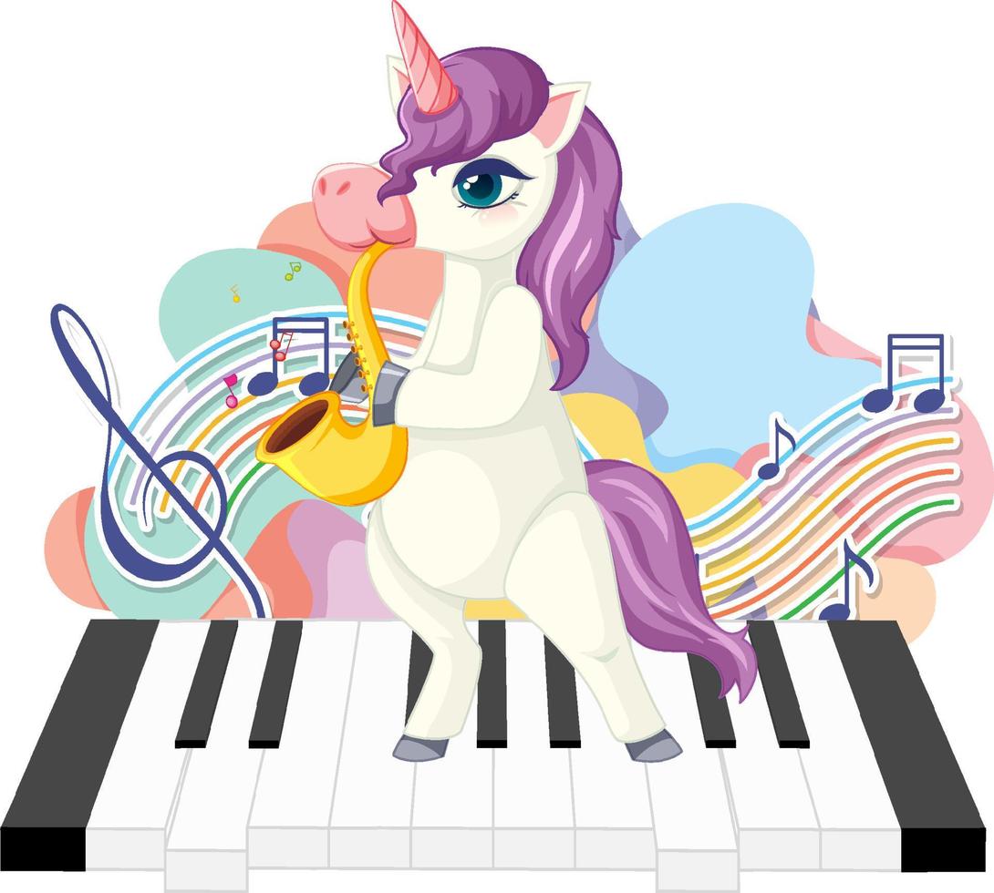 lindo unicornio púrpura que sopla el saxofón con notas musicales en el piano vector