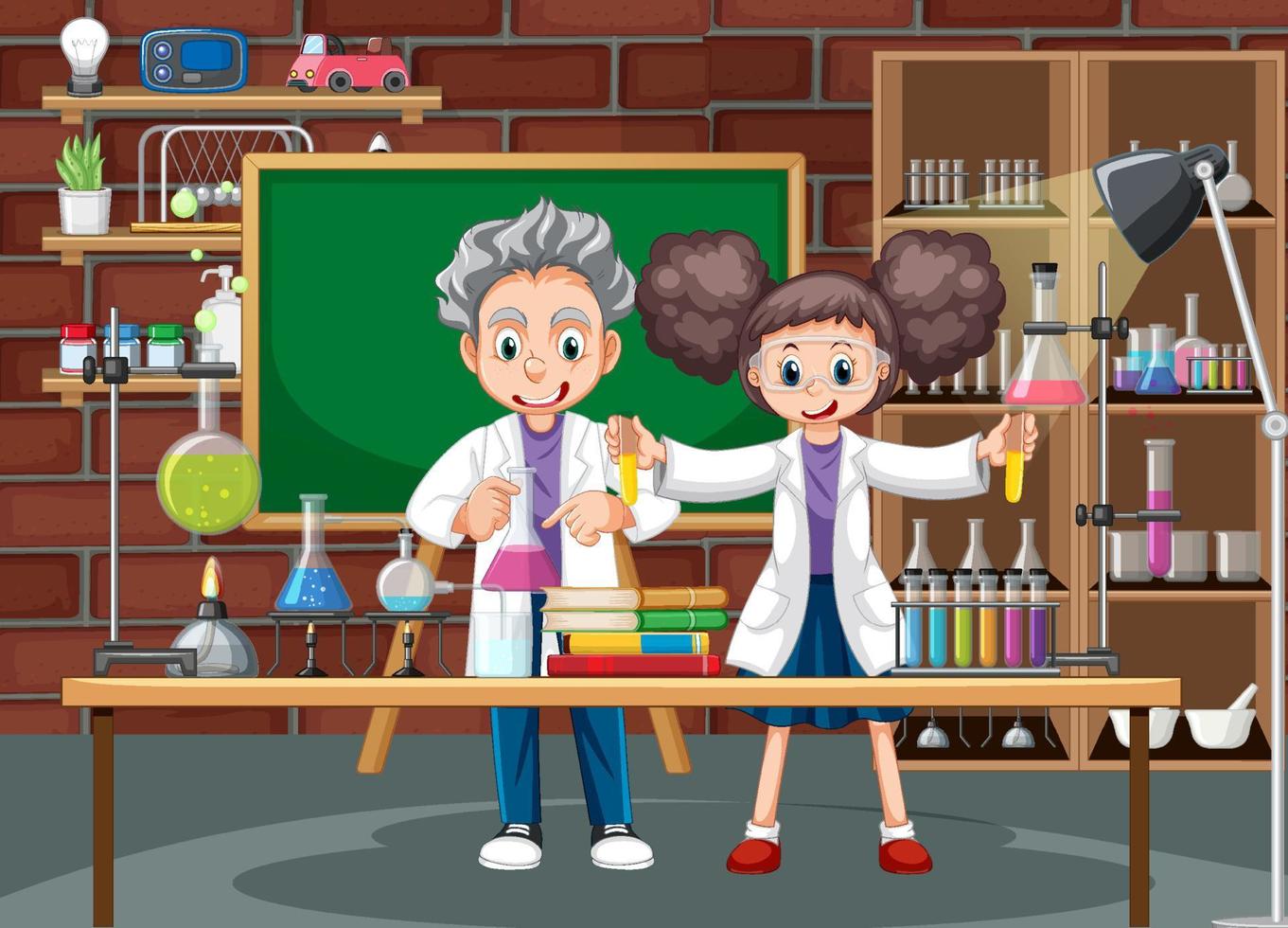 escena de laboratorio con personaje de dibujos animados científico vector