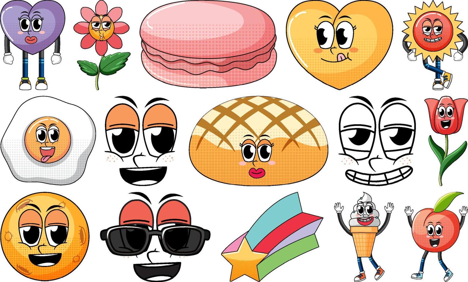 Set of facial expression with vintage style food cartoon on white background vector