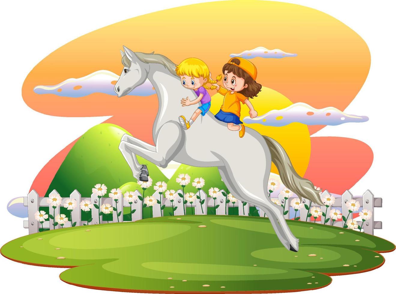 A scene of girl and friend riding on a horse vector