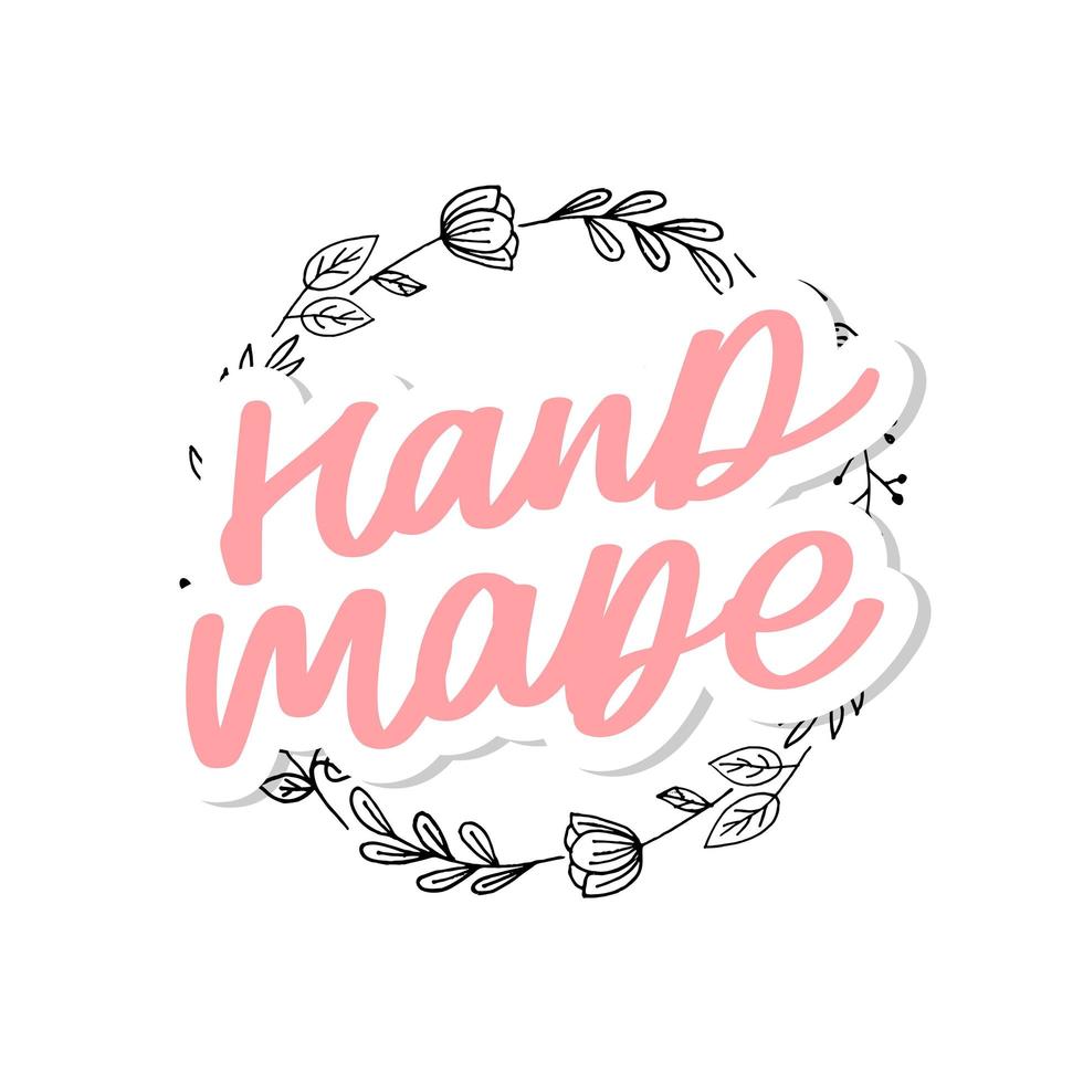Label or logo with lettering hand made. Vector flat illustrations. Modern and stylish badge. Thin line inscription handmade, made with love, craft product on white.