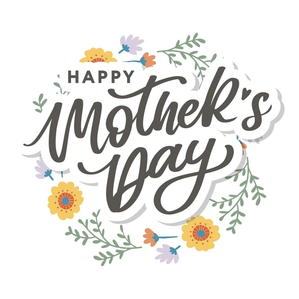 Letras del día de las madres felices. ilustración de vector de caligrafía hecha a mano. tarjeta del día de la madre con flores