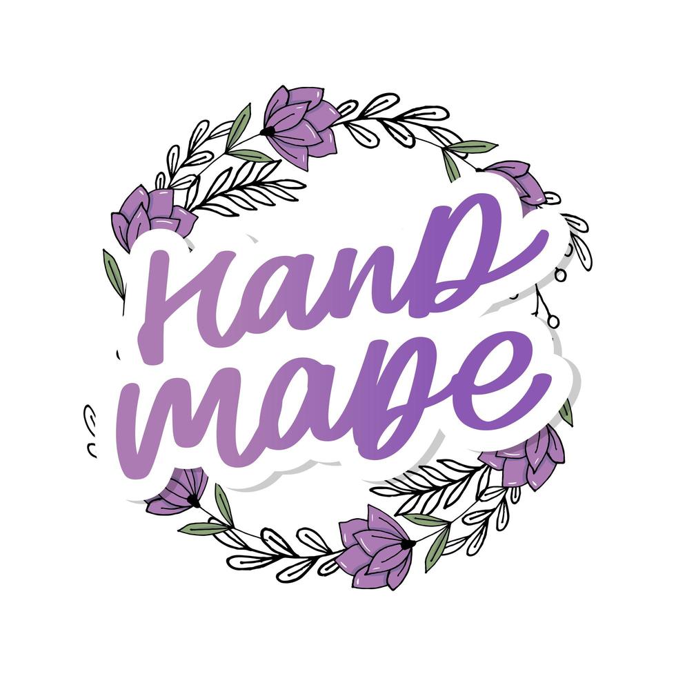Label or logo with lettering hand made. Vector flat illustrations. Modern and stylish badge. Thin line inscription handmade, made with love, craft product on white.