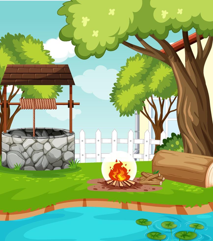 Scene of backyard with campfire and fence vector