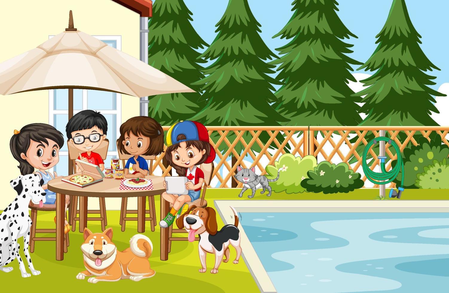 Scene of backyard with kids and fence vector