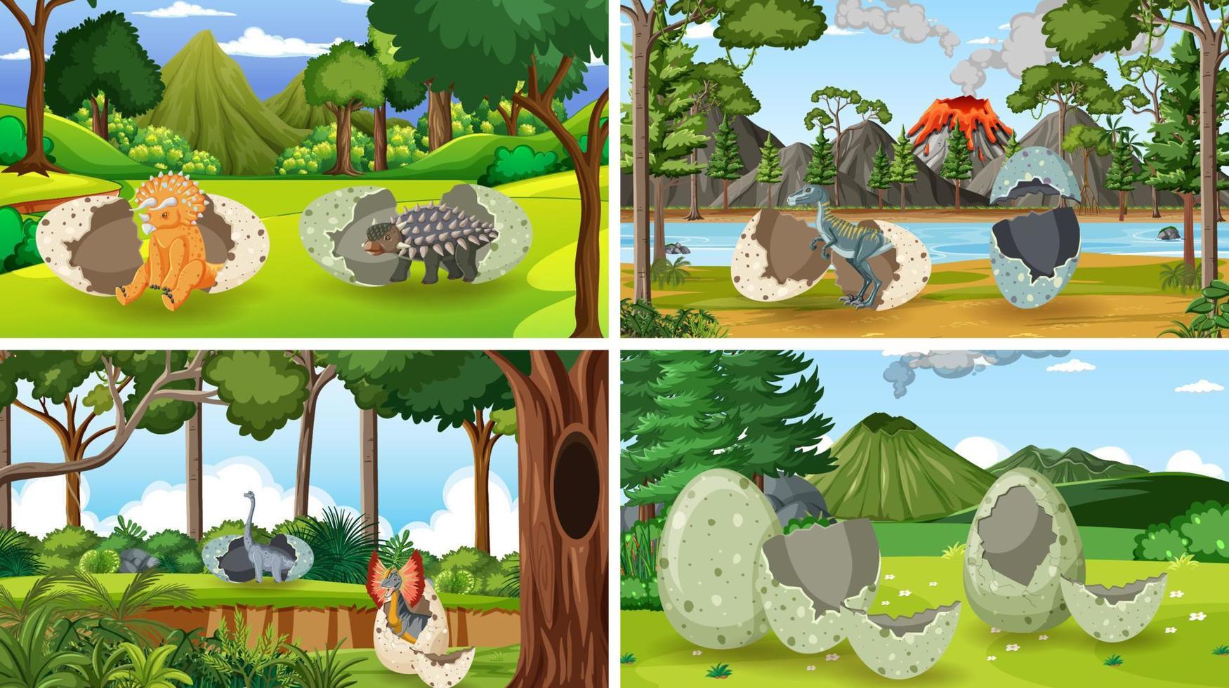 Four scenes with dinosaurs in forest vector