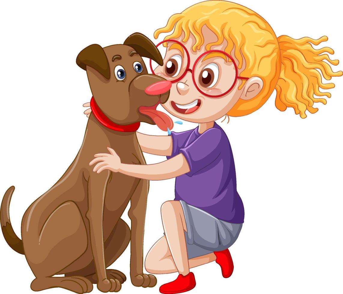A happy girl sitting on the floor and pets dog vector