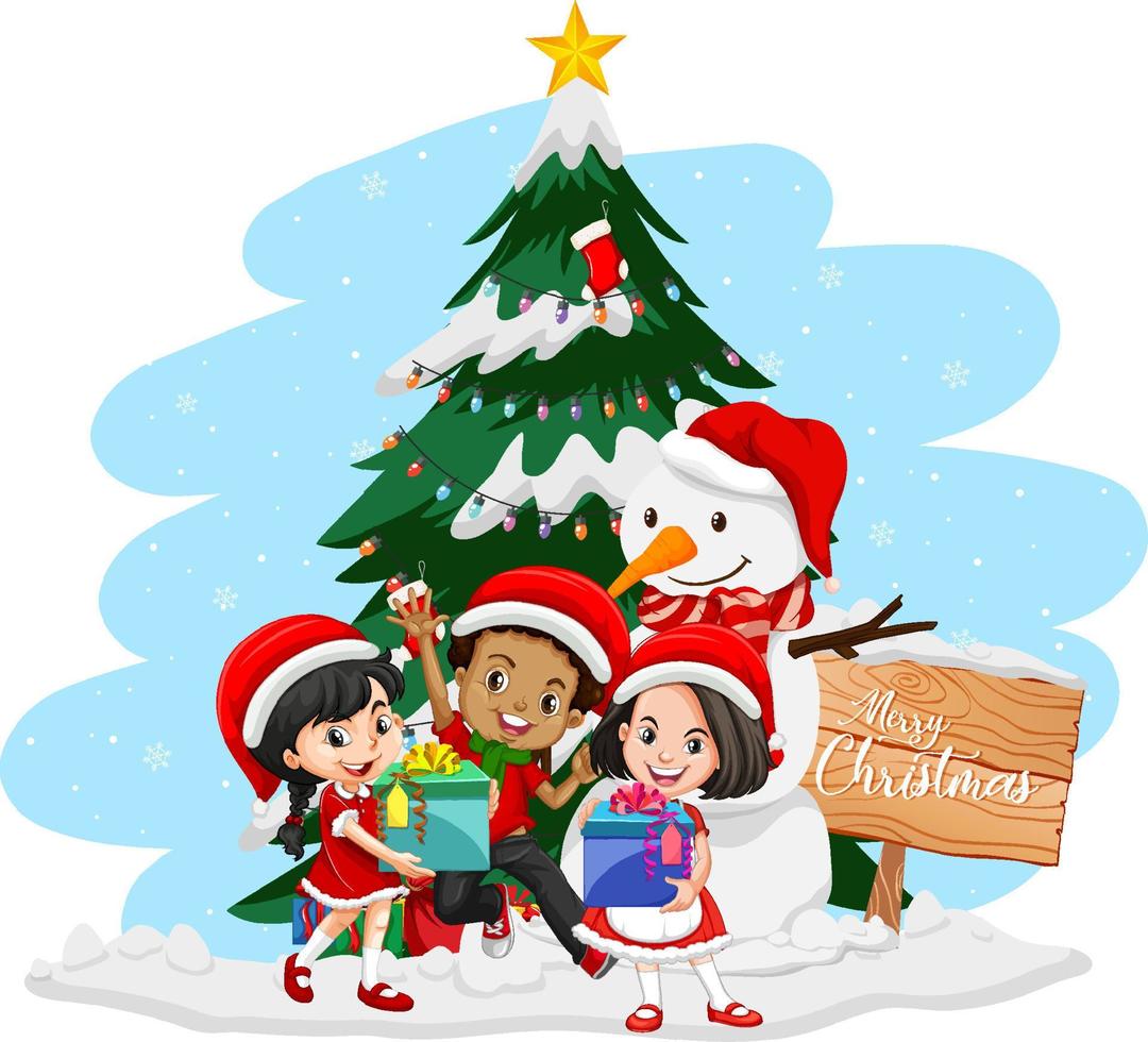 Christmas season with happy children and snowman vector