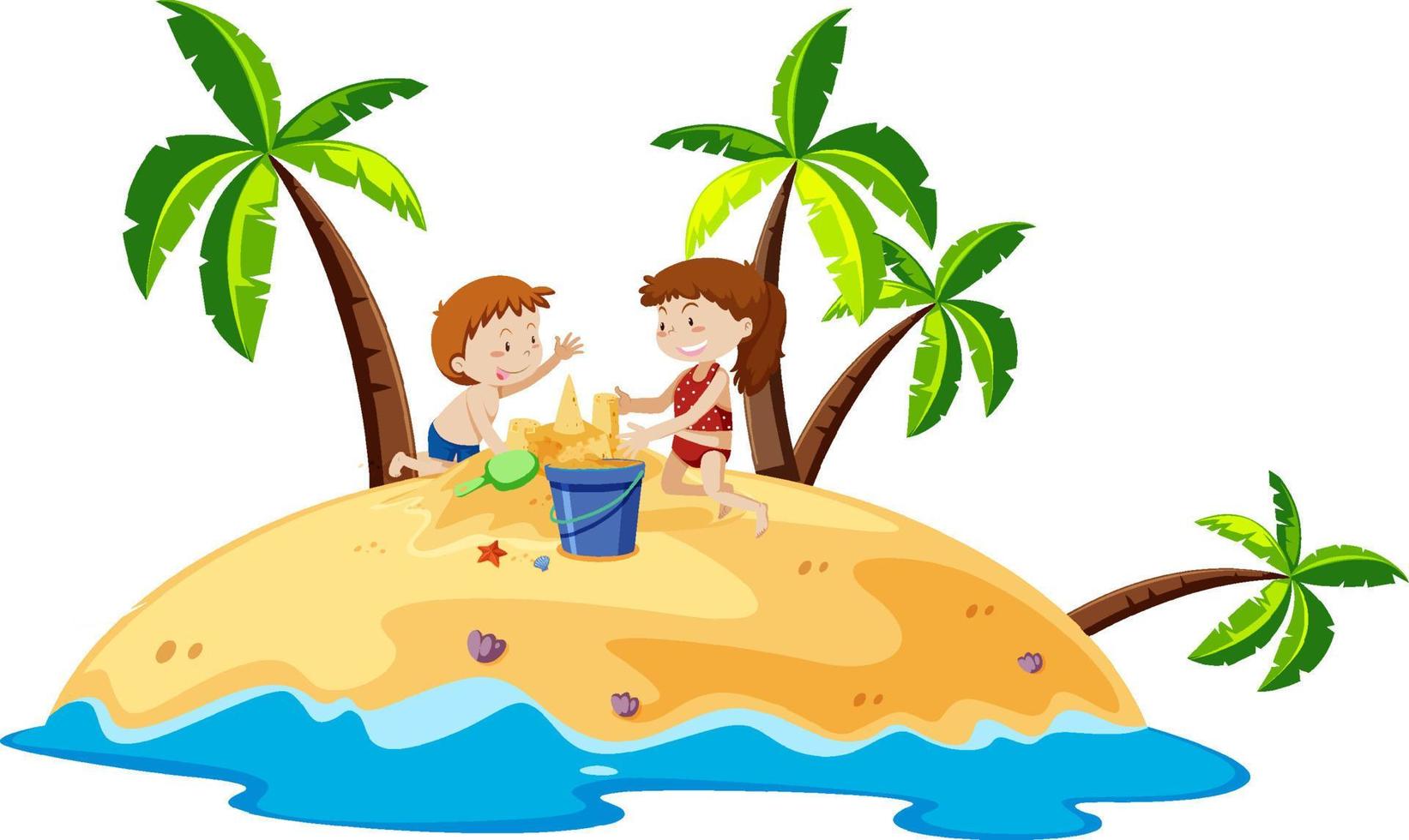 niños construyendo castillos de arena en la isla vector