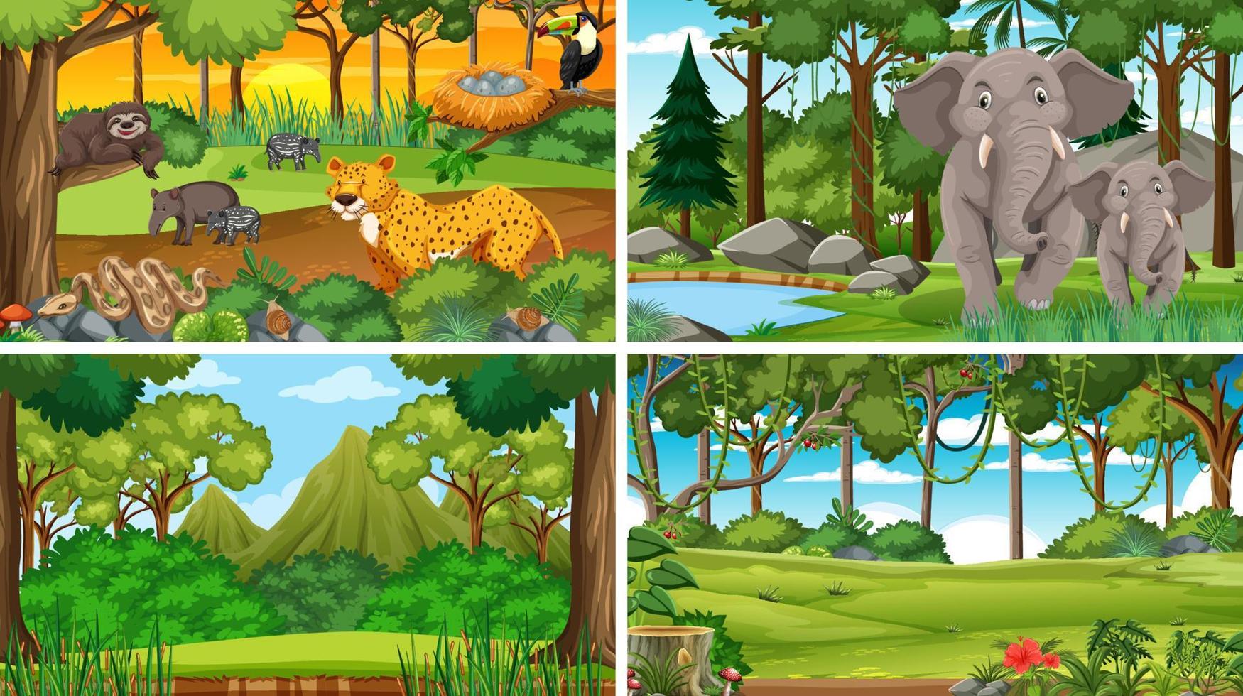 conjunto de escenas de la naturaleza con árboles en las montañas con animales vector