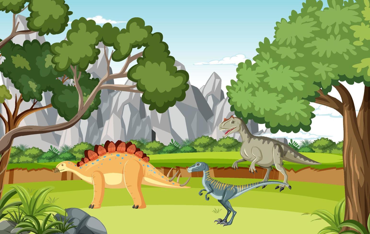 escena con dinosaurios en el bosque vector