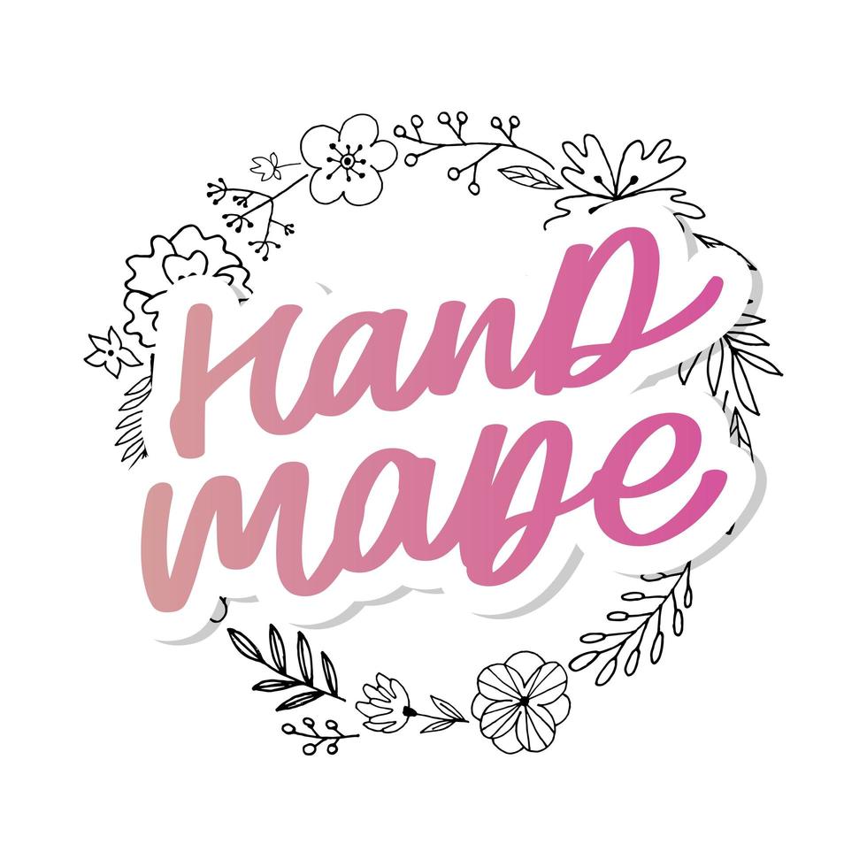 Label or logo with lettering hand made. Vector flat illustrations. Modern and stylish badge. Thin line inscription handmade, made with love, craft product on white.
