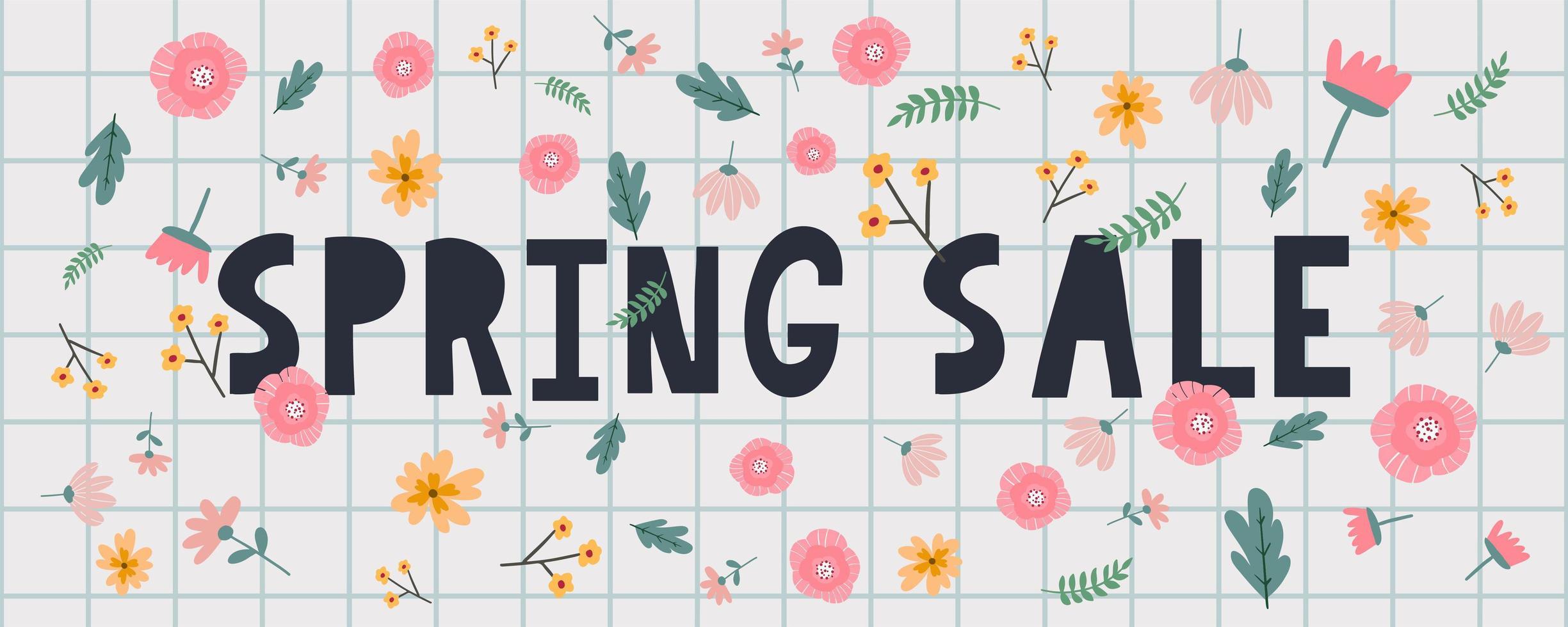 banner de tipografía de venta de primavera con letras de temporada de primavera con hoja para tarjeta de felicitación, plantilla de invitación. retro, fondo de plantilla de cartel de banner de letras vintage, venta, oferta vector