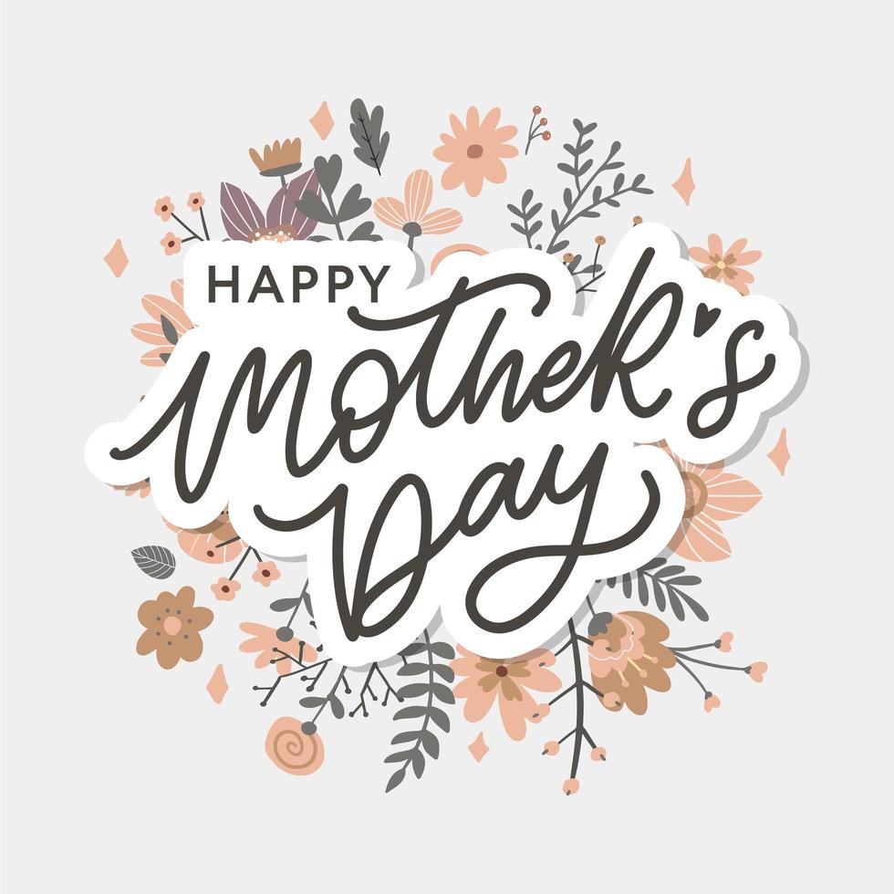 Letras del día de las madres felices. ilustración de vector de caligrafía hecha a mano. tarjeta del día de la madre con flores