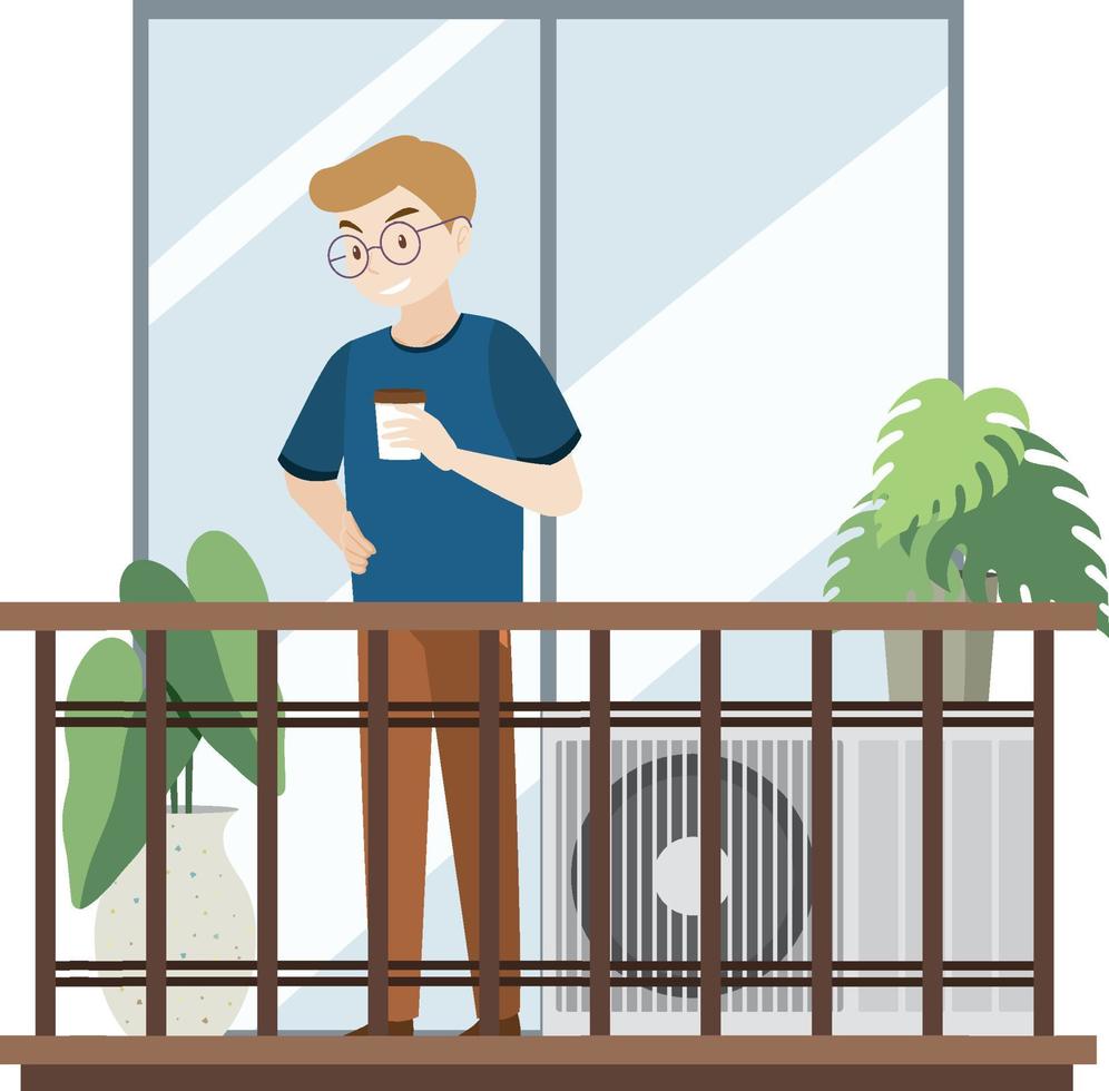 Balcón jardín plano con hombre sosteniendo café sobre fondo blanco. vector