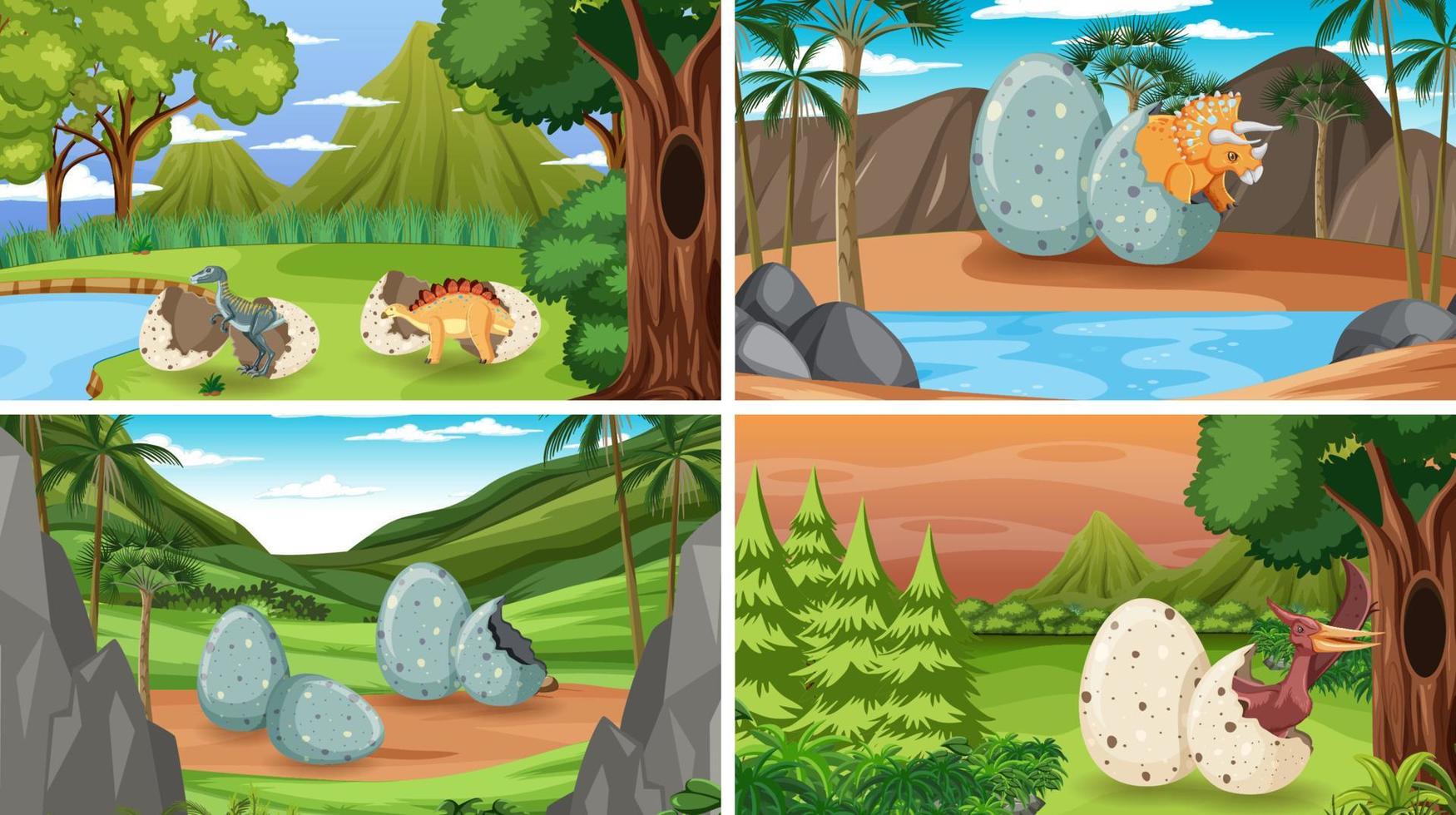 diferentes escenas de bosques prehistóricos con dibujos animados de dinosaurios vector