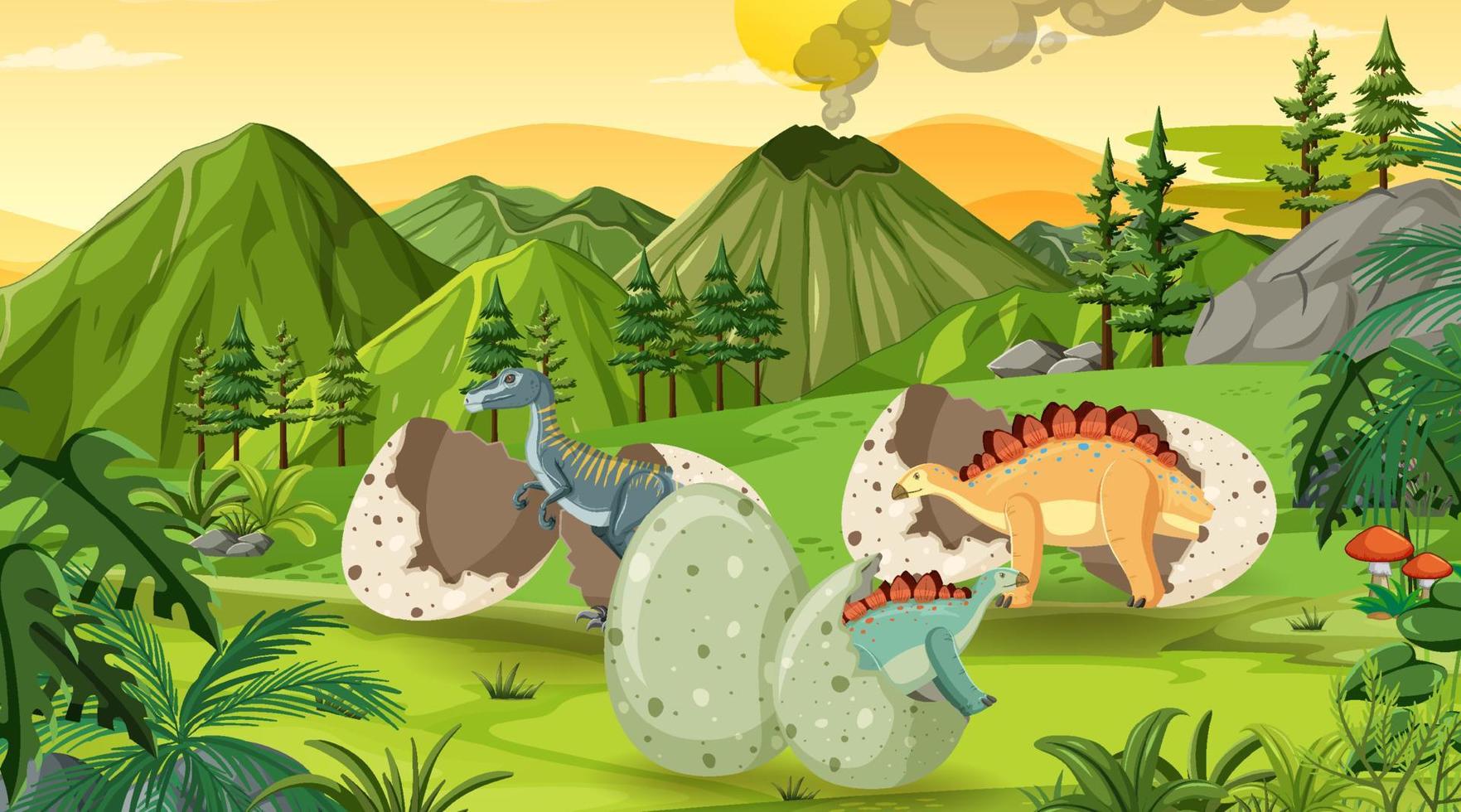 Prehistoric forest with dinosaur cartoon vector