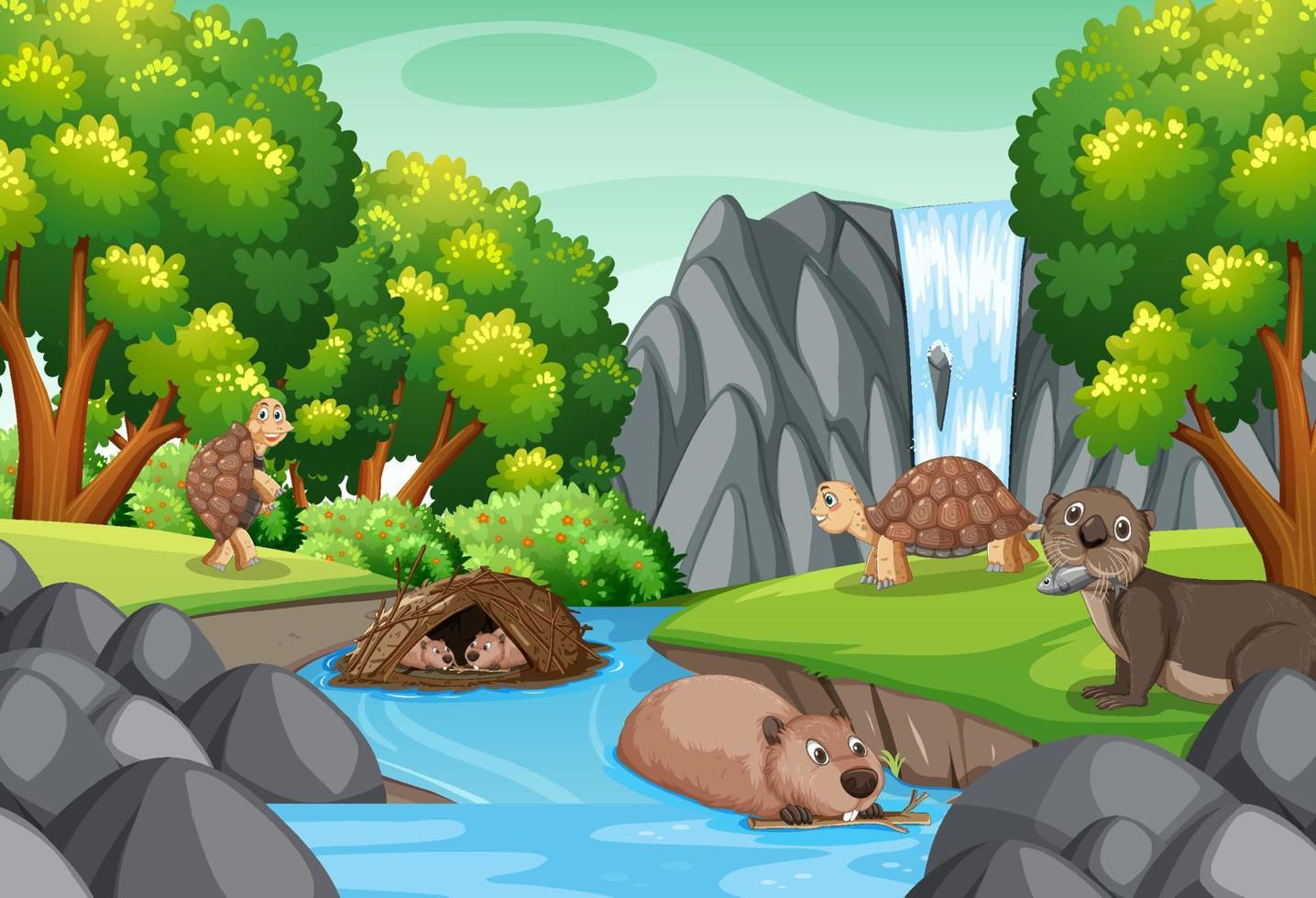 River in the forest with otter and tortoises vector