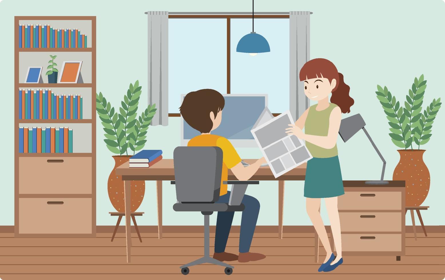 People working using laptop flat design at home vector