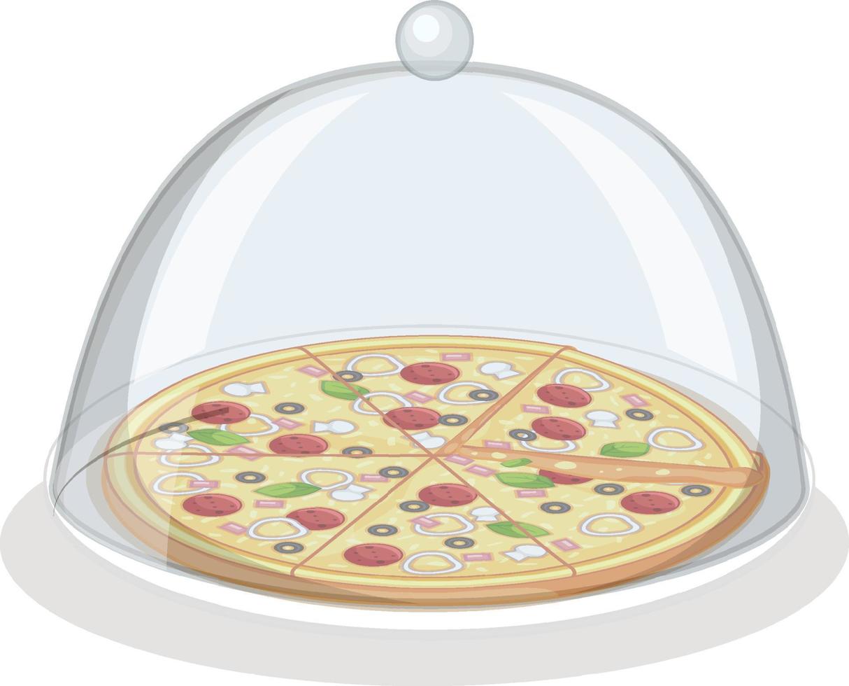 Pizza on plate with glass cover on white background vector