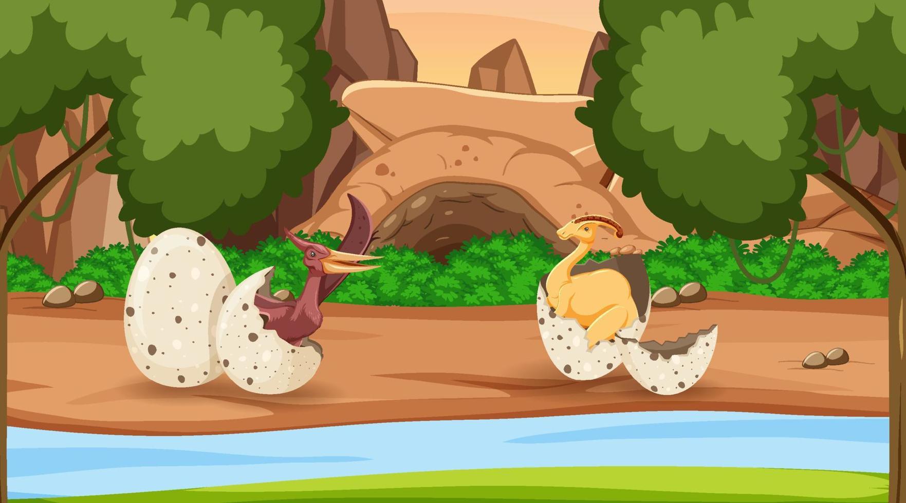 Prehistoric forest with dinosaur cartoon vector