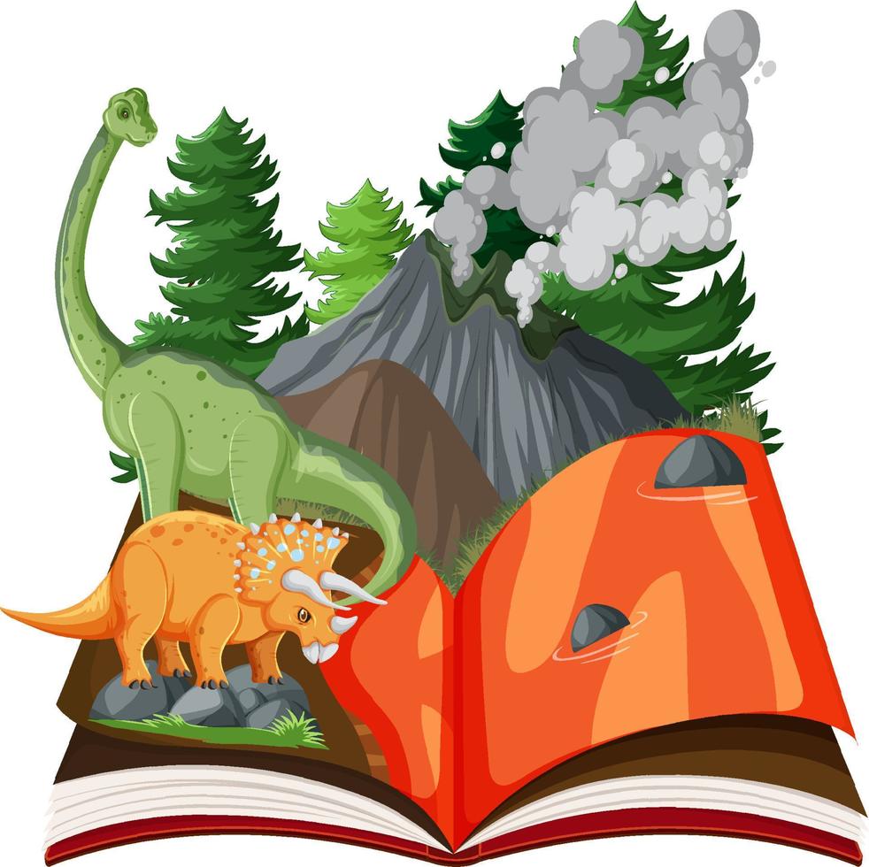 Scene with dinosaurs by volcano vector