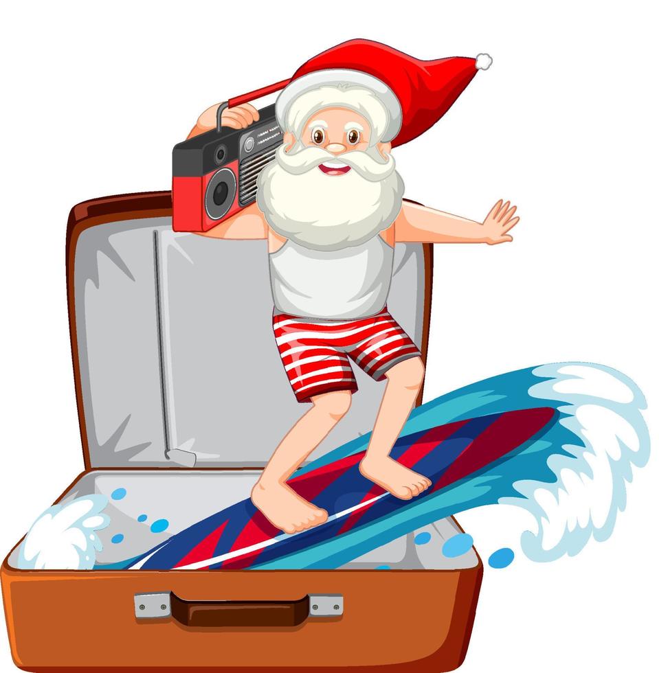 Christmas theme with Santa surfing in a luggage on white background vector