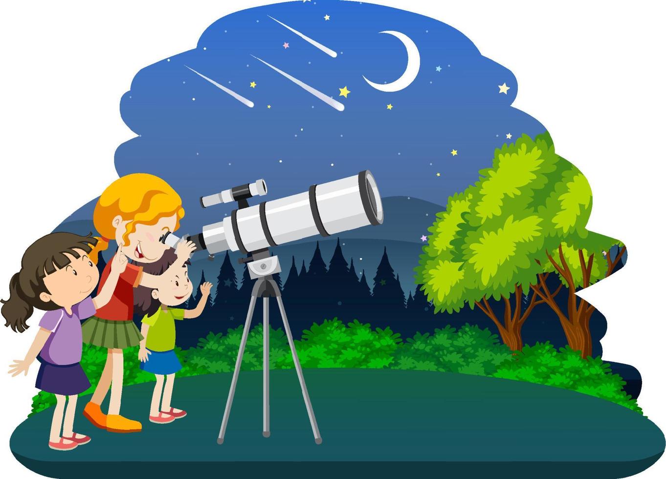 niños mirando el planeta con telescopio vector