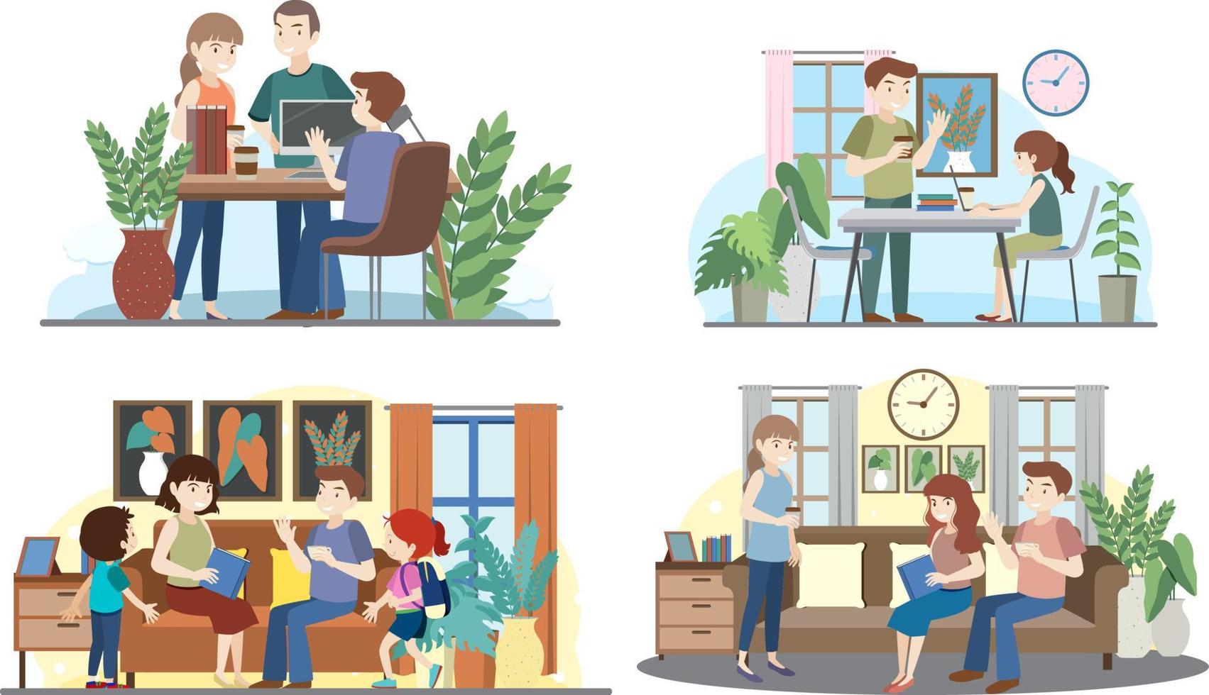 Four scenes of people working at home vector