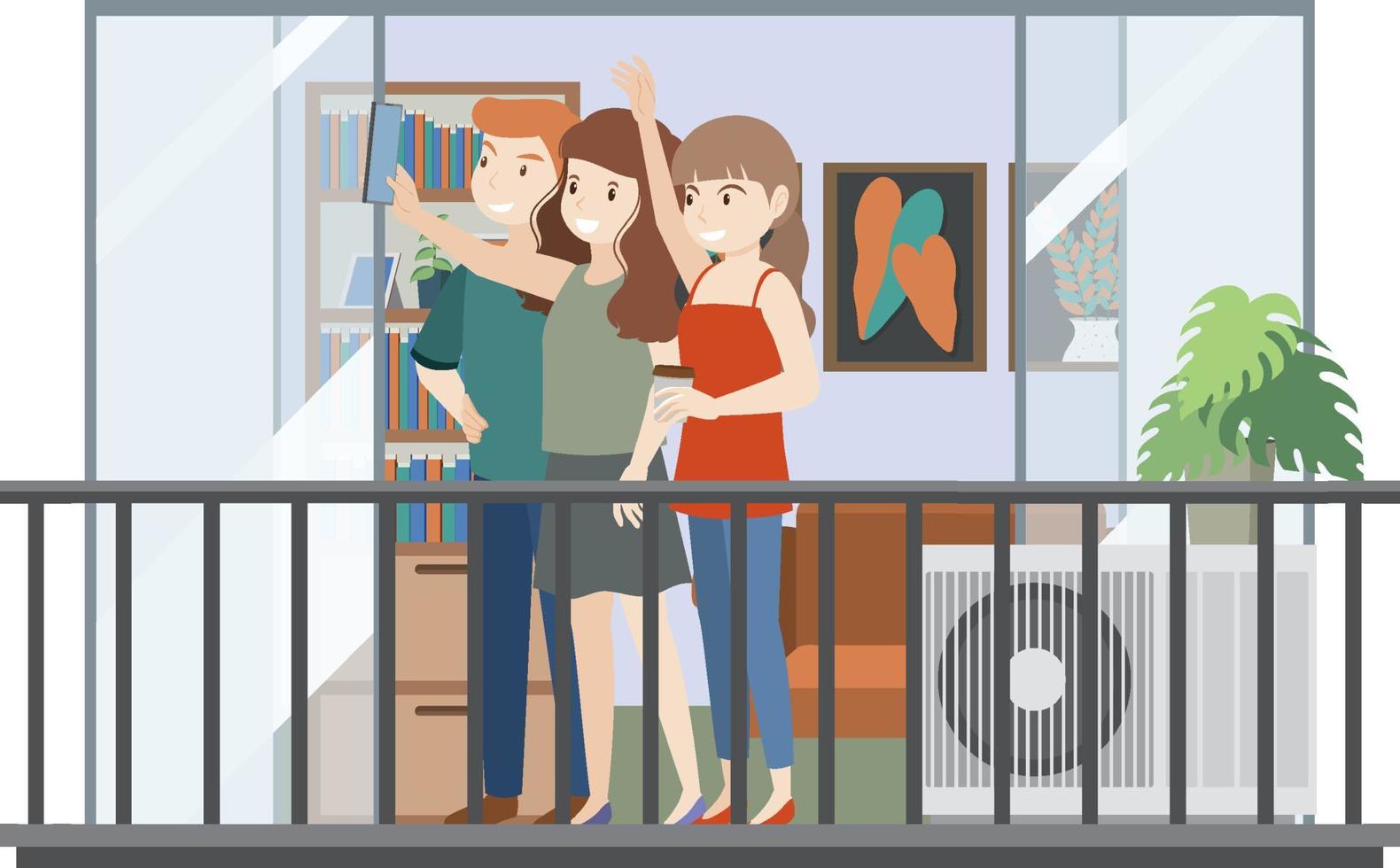 Flat balcony interior with people vector