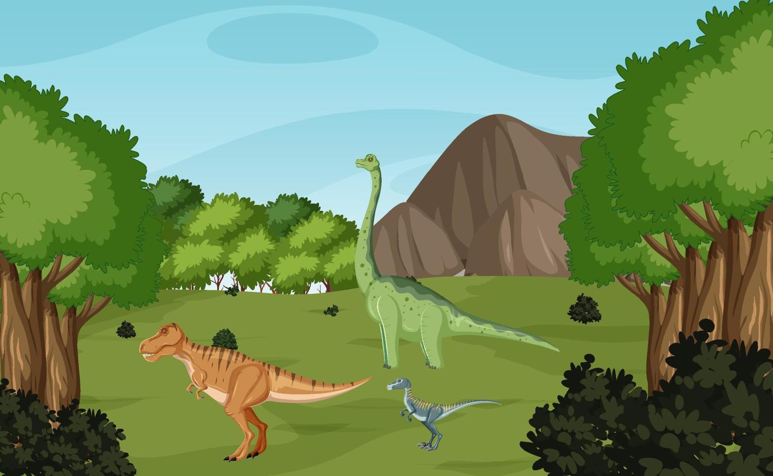 escena con dinosaurios en el bosque vector