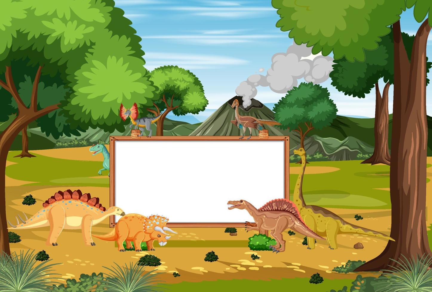 Nature scene with trees on mountains with sign board and dinosaur vector