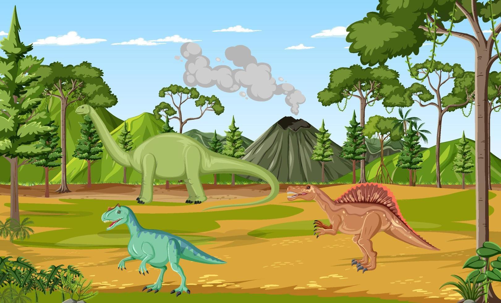 escena con dinosaurios en el bosque vector