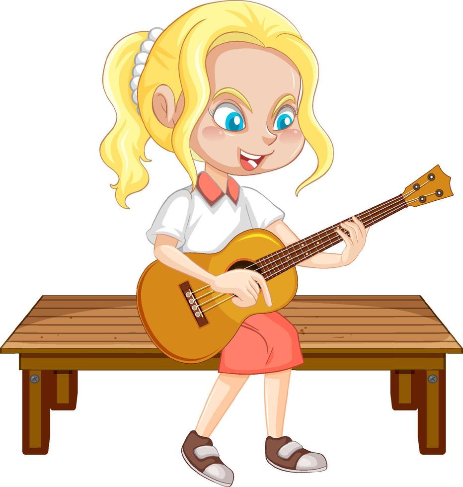 A happy girl sitting on bench and play guitar vector