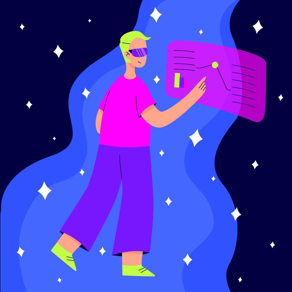 Metaverse or Virtual reality concept. Man in digital glasses flying in outer space among planets and stars. Modern technological entertainment. Cartoon colorful flat vector illustration.