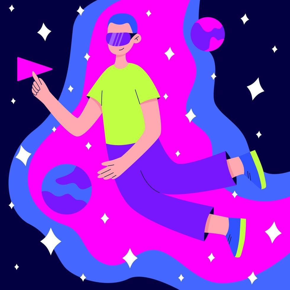 Metaverse or Virtual reality concept. Man in digital glasses flying in outer space among planets and stars. Modern technological entertainment. Cartoon colorful flat vector illustration.