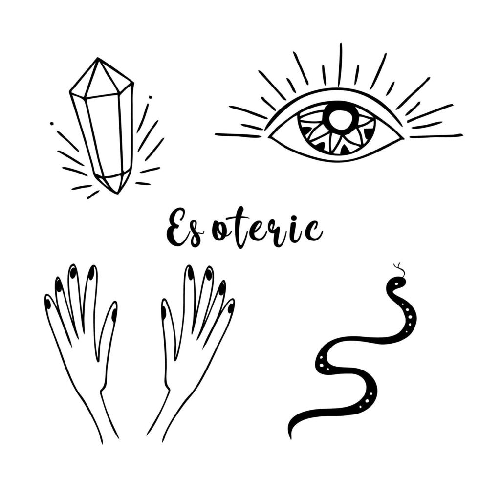 símbolos esotéricos. un cristal con manos, un ojo que todo lo ve y una serpiente. vector de imágenes prediseñadas.